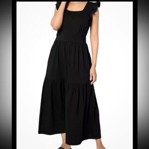 AnyBody Classic Casual Black Tiered Maxi Dress, Ruffled Short Sleeves, Pockets